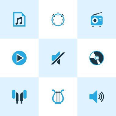 Multimedya renkli simgeler kümesi. Oyun, vinil, kulaklık ve diğer öğeleri koleksiyonu. Ayrıca radyo, Timbrel, Fm gibi simgeler içerir.