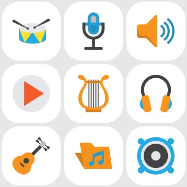 Müzik düz simgeler kümesi. Akustik, kulak Muffs, düğme ve diğer öğeleri koleksiyonu. Ayrıca Band, perküsyon, kulaklık gibi simgeler içerir.