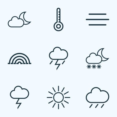 Meteoroloji özetliyor küme. Güneş, fırtınalı, yıldırım ve diğer öğeler topluluğu. Ayrıca güneş, termometre gibi fırtına, simgeler içerir.