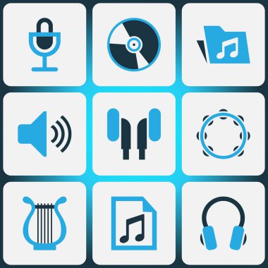 Multimedya renkli simgeler kümesi. Kulaklık, mikrofon, kulaklık ve diğer öğeleri koleksiyonu. Ayrıca dosyası, kulaklýklý mikrofon seti, perküsyon gibi simgeler içerir.