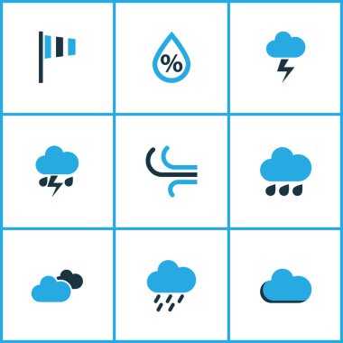 Meteoroloji Icons Set renkli. Fırtına, Rüzgar hızı, yağış ve diğer öğeleri koleksiyonu. Ayrıca yağış, bulutlu, yağmur gibi simgeler içerir.