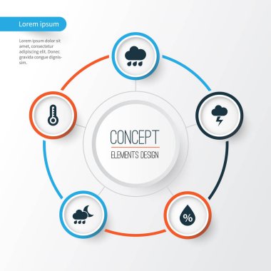 İklim Icons Set. Yıldırım, her gece, sıcaklık ve diğer öğeleri koleksiyonu. Soğuk, yıldırım, Flash gibi semboller de içerir.