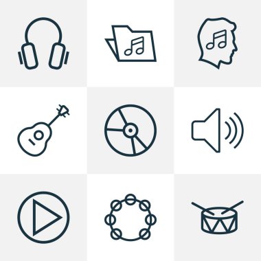 Ses özetliyor ayarlayın. Varil, şablon, Timbrel ve diğer öğeleri koleksiyonu. Ayrıca cihaz, kulaklık, plastik gibi simgeler içerir.