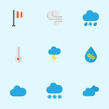 Doğa düz simgeler kümesi. Afiş, flaş, fırtına ve diğer öğeleri koleksiyonu. Ayrıca afiş, sıcak, termometre gibi simgeler içerir.