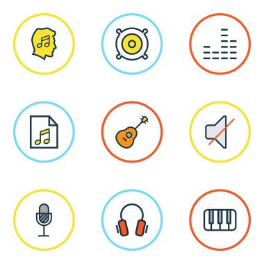 Multimedya renkli anahatlar küme. Mikser, dizeleri, amplifikatör ve diğer öğeleri koleksiyonu. Ayrıca Soundtrack, hoparlör, gitar gibi simgeler içerir.