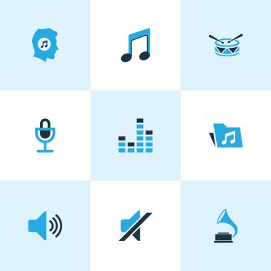Müzik Icons Set renkli. Klasör, Mikser, sessiz ve diğer öğeleri koleksiyonu. Ayrıca mikrofon, sessiz, müzik gibi simgeler içerir.