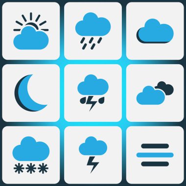 Hava renkli simgeler kümesi. Yağmur fırtınası, gece, fırtına ve diğer öğeleri koleksiyonu. Ayrıca bulut, fırtına, gece gibi simgeler içerir.