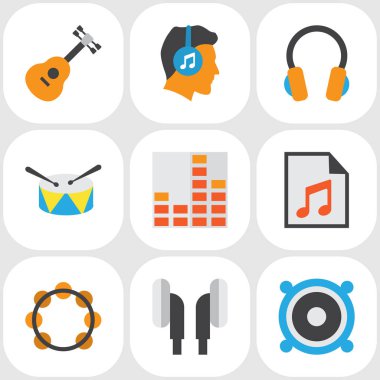 Ses düz simgeler kümesi. Akustik, grup, kulak koleksiyon öğeleri manşonları. Ayrıca ekolayzer, Samba, liste gibi simgeler içerir.