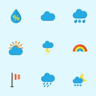 İklim düz simgeler kümesi. Afiş, ayaz, Drizzles ve diğer öğeleri koleksiyonu. Ayrıca yağmur, fırtına, gökkuşağı gibi simgeler içerir.