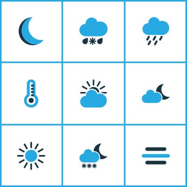 Hava renkli simgeler kümesi. Güneşli topluluğu, kaçak içki, bulutlu ve diğer öğeleri. Ayrıca termostat, sıcaklık, termometre gibi simgeler içerir.