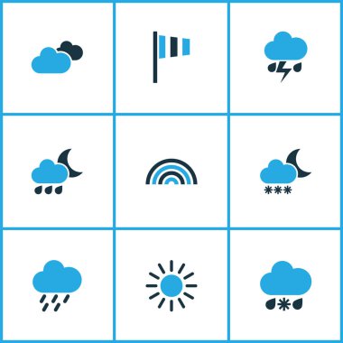 Meteoroloji Icons Set renkli. Soğuk hava, bulutlu gökyüzü, fırtına ve diğer öğeleri koleksiyonu. Ayrıca simgeleri gibi Blizzard, Rüzgar, soğuk içerir.