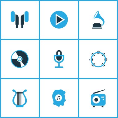 Ses renkli simgeler kümesi. Gramofon, Harp, vinil ve diğer öğeleri koleksiyonu. Ayrıca Harp, tef, kulaklık gibi simgeler içerir.