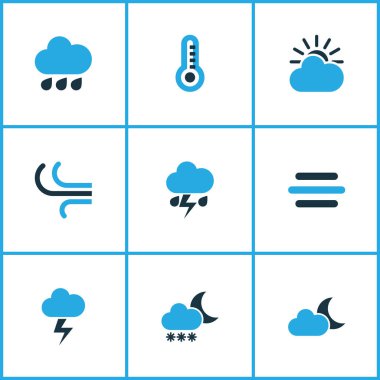 Meteoroloji Icons Set renkli. Yağmur, fırtına, Blizzard ve diğer öğeleri koleksiyonu. Ayrıca fırtına, kar, güneş gibi simgeler içerir.