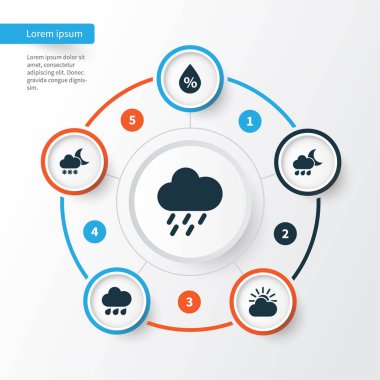 Meteoroloji Icons Set. Gece, nem, her gece ve diğer öğeleri koleksiyonu. Soğuk, karlı, yağmur gibi semboller de içerir.