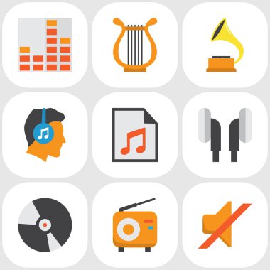 Müzik düz simgeler kümesi. Medya, kontrol, Shellac ve diğer öğeleri koleksiyonu. Ayrıca kulaklık, vinil, gomalak gibi simgeler içerir.