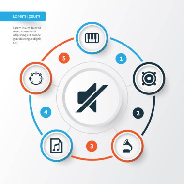 Ses simgeler kümesi. Sessizlik, Octave, fonograf ve diğer öğeleri koleksiyonu. Ayrıca sessiz, Cilt, dosya gibi simgeler içerir.