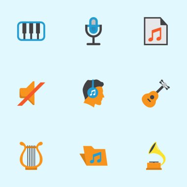 Ses düz simgeler kümesi. Piyano, Sonata, medya ve diğer öğeleri koleksiyonu. Ayrıca liste, hacim, gomalak gibi simgeler içerir.