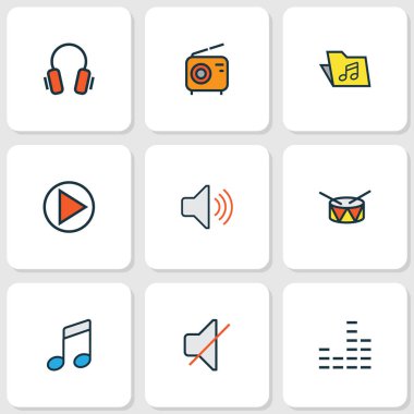 Müzik renkli anahatlar ayarla. Kulaklık, sessiz, ses ve diğer öğeleri koleksiyonu. Ayrıca varil, radyo, ses gibi simgeler içerir.