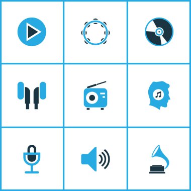 Müzik Icons Set renkli. Radyo, ses, mikrofon ve diğer öğeleri koleksiyonu. Ayrıca Mike, kulaklık, alıcısı gibi simgeler içerir.