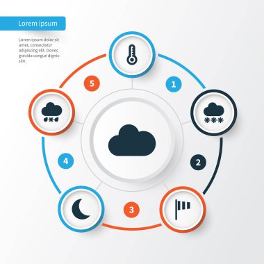 Meteoroloji Icons Set. Bayrak, bulutlu, karlı ve diğer öğeler topluluğu. Ayrıca ay ışığı, bulut, karlı gibi simgeler içerir.