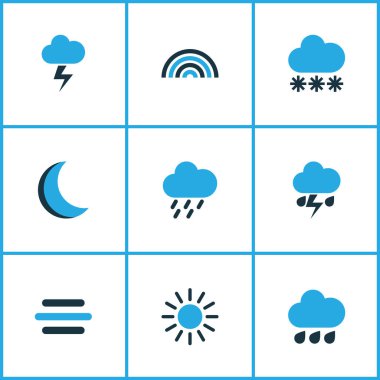 Hava renkli simgeler kümesi. Şimşek, fırtına, yağmur fırtınası ve diğer öğeleri koleksiyonu. Şimşek, fırtına, gökkuşağı gibi simgeler de içerir.