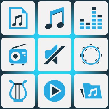 Ses renkli simgeler kümesi. Radyo, Not, oyun ve diğer öğeleri koleksiyonu. Ayrıca ses, Tuner, kontrol gibi sembolleri içerir.