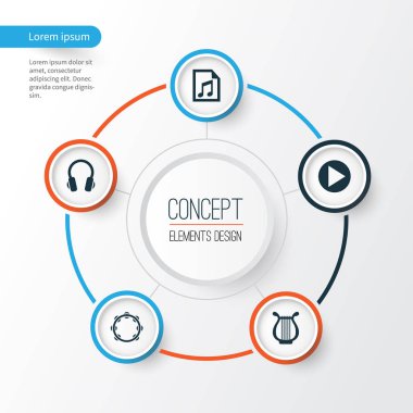 Ses simgeler kümesi. Lir, dosya, kulaklık ve diğer öğeleri koleksiyonu. Ayrıca, tef, Timbrel, kulaklık gibi simgeler içerir.