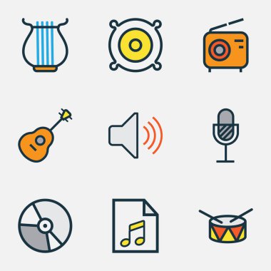 Multimedya renkli anahatlar küme. Amplifikatör, Harp, varil ve diğer öğeleri koleksiyonu. Ayrıca daire, hacim, Soundtrack gibi simgeler içerir.