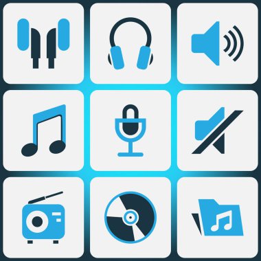 Ses renkli simgeler kümesi. Kulaklık, Not, sessiz ve diğer öğeleri koleksiyonu. Ayrıca müzik, Mike, klasör gibi simgeler içerir.