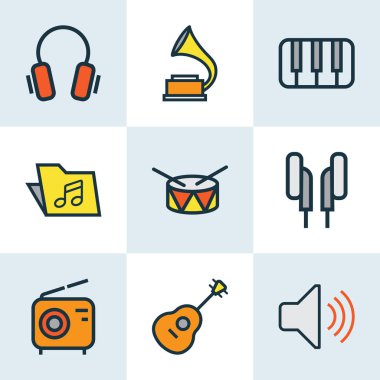 Multimedya renkli anahatlar küme. Birim, dizeleri, anahtarları ve diğer öğeleri koleksiyonu. Ayrıca anahtarları, piyano, Bit gibi simgeler içerir.