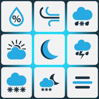 Doğa Icons Set renkli. Kar yağışı, fırtına, soğuk hava ve diğer öğeleri koleksiyonu. Ayrıca Bora, Rüzgar, bulutlu gibi simgeler içerir.