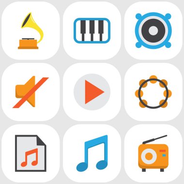Multimedya düz simgeler kümesi. Sessiz ol, yayın, ritim ve diğer öğeleri koleksiyonu. Ayrıca megafon, fonograf, ritim gibi simgeler içerir.