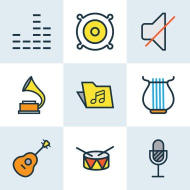 Müzik renkli anahatlar ayarla. Harp, şablon, varil ve diğer öğeleri koleksiyonu. Ayrıca davul, paket, gitar gibi simgeler içerir.