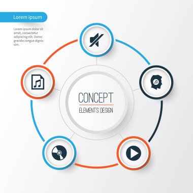 Müzik simgeler kümesi. Sessizlik, Meloman, dosya ve diğer öğeleri koleksiyonu. Ayrıca pikap, sessiz, çalma listesi gibi simgeler içerir.