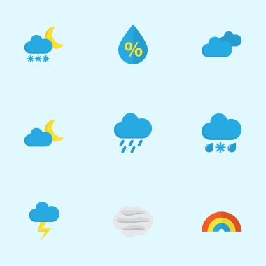 İklim düz simgeler kümesi. Duş, rüzgarlı, yay ve diğer öğeleri koleksiyonu. Ayrıca kar, yay, renklilik gibi simgeler içerir.