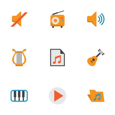 Multimedya düz simgeler kümesi. Sonata, yayın, portföy ve diğer öğeleri koleksiyonu. Ayrıca radyo listesi, piyano gibi simgeler içerir.