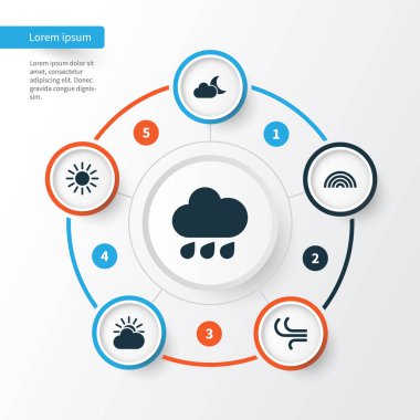 Hava Icons Set. Meltem, renkler, ay ışığı ve diğer öğeleri koleksiyonu. Ayrıca gece, renkler, esinti gibi simgeler içerir.