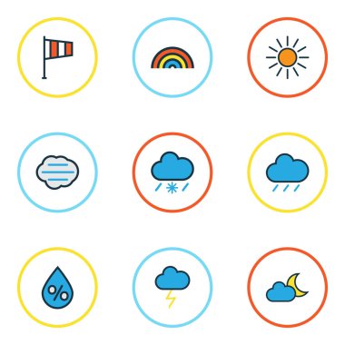 İklim renkli anahatlar ayarla. Gökkuşağı, güneş ışığı, yağmur damlası ve diğer öğeleri koleksiyonu. Ayrıca sağnak, yıldırım, Twilight gibi simgeler içerir.