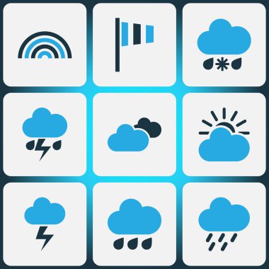 Meteoroloji Icons Set renkli. Soğuk hava, Arc, fırtına ve diğer öğeleri koleksiyonu. Ayrıca güneş gibi simgeler, tahmin, yay içerir.