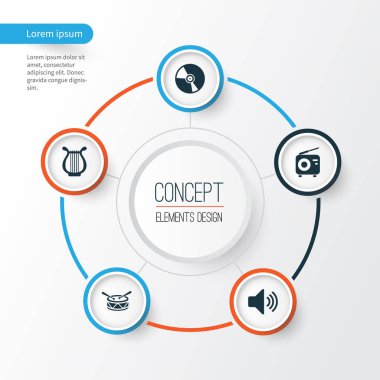 Multimedya simgeler kümesi. Lir, Tuner, ses ve diğer öğeleri koleksiyonu. Ayrıca lir, radyo, ses gibi simgeler içerir.