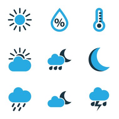 Doğa Icons Set renkli. Termometre, yağmur fırtınası, gece ve diğer öğeleri koleksiyonu. Ayrıca sembolleri gibi içerir bulutlu, gece, bulut.