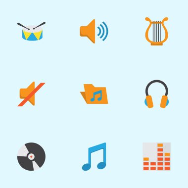 Ses düz simgeler kümesi. Koleksiyon ses, Dj, kontrol ve diğer öğeler. Ayrıca, Portföy, Band, dikkat gibi simgeler içerir.