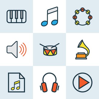 Müzik renkli anahatlar ayarla. Kulaklık, gramofon, hacim ve diğer öğeleri koleksiyonu. Ayrıca araç, varil, Gadget gibi simgeler içerir.