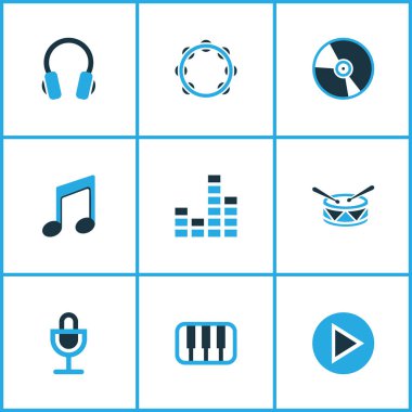 Multimedya renkli simgeler kümesi. Mikser, davul, Not ve diğer öğeleri koleksiyonu. Ayrıca piyano, Timbrel, ekolayzer gibi simgeler içerir.