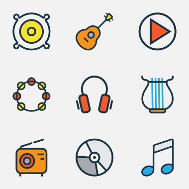 Ses renkli anahatlar küme. Tef, oyun, dizeleri ve diğer öğeleri koleksiyonu. Ayrıca, Gadget, hoparlör, gitar gibi simgeler içerir.
