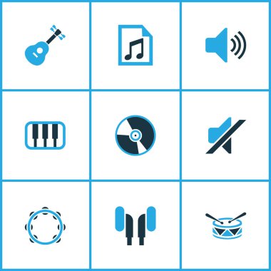 Müzik Icons Set renkli. Birim, davul, gitar ve diğer öğeleri koleksiyonu. Ayrıca pikap, sessiz, gitar gibi simgeler içerir.