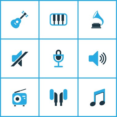 Multimedya renkli simgeler kümesi. Radyo, gitar, mikrofon ve diğer öğeleri koleksiyonu. De gramofon, gramofon, dikkat gibi simgeler içerir.