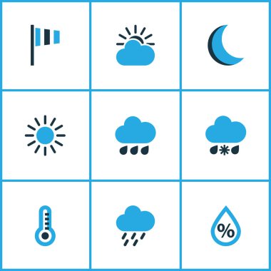 Meteoroloji Icons Set renkli. Rüzgar hızı, bulutlu, nem ve diğer öğeleri koleksiyonu. Ayrıca yüzde, yağmur, kar gibi simgeler içerir.