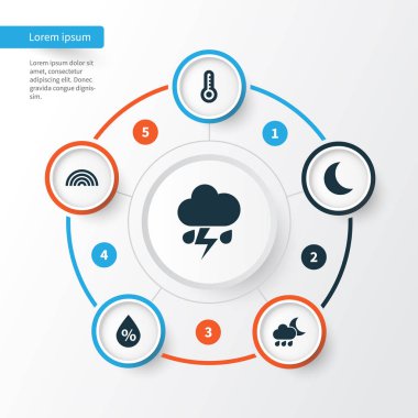 Meteoroloji Icons Set. Renk, sıcaklık, nem ve diğer öğeleri koleksiyonu. Ayrıca Flash, soğuk, ay ışığı gibi simgeler içerir.