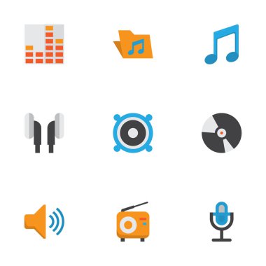 Müzik düz simgeler kümesi. Sesi, hoparlör, ses ve diğer öğeleri koleksiyonu. Ayrıca mikrofon, kulaklık, müzikal gibi simgeler içerir.